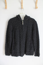 Shades Of Aran Cable Knit Gray Merino Wool Full Zip Sweater | S