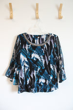 Alfani Blue Black & White Patterned Sheer Sleeve Top | M
