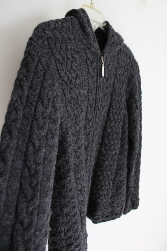 Shades Of Aran Cable Knit Gray Merino Wool Full Zip Sweater | S