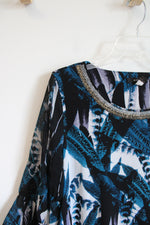 Alfani Blue Black & White Patterned Sheer Sleeve Top | M