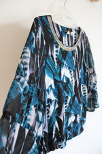 Alfani Blue Black & White Patterned Sheer Sleeve Top | M