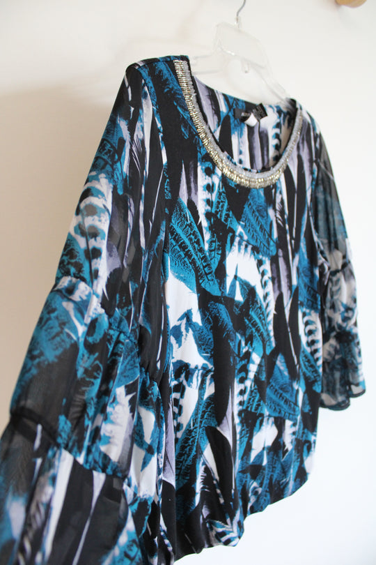 Alfani Blue Black & White Patterned Sheer Sleeve Top | M