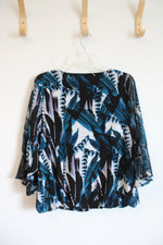 Alfani Blue Black & White Patterned Sheer Sleeve Top | M