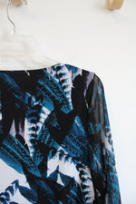 Alfani Blue Black & White Patterned Sheer Sleeve Top | M