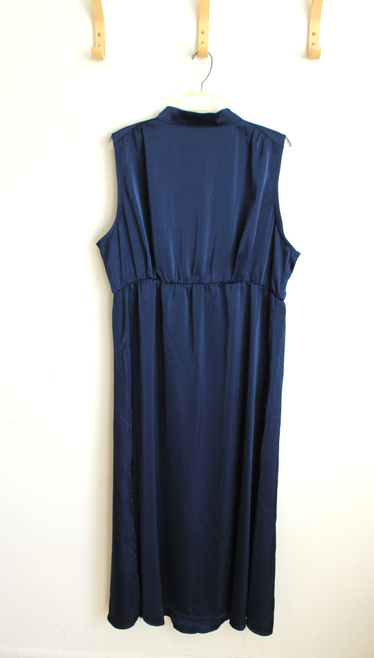 Navy Blue Satin High Neckline Sleeveless Dress | XL
