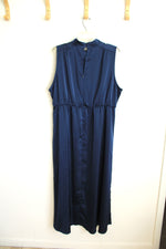 Navy Blue Satin High Neckline Sleeveless Dress | XL