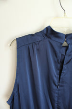 Navy Blue Satin High Neckline Sleeveless Dress | XL