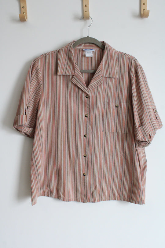 Blair Pink & Tan Cotton Blend Button Down Striped Top | XL