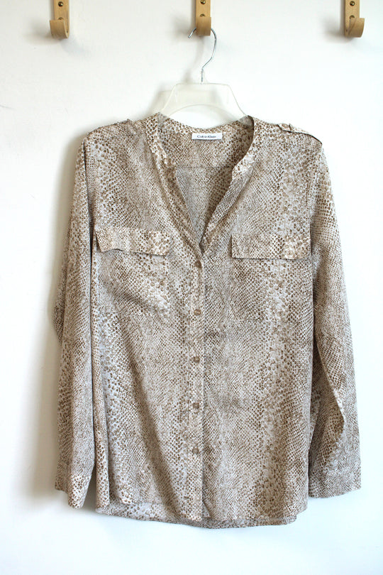 Calvin Klein Brown and White Snake Print Mock Roll Sleeve Blouse | M