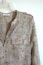 Calvin Klein Brown and White Snake Print Mock Roll Sleeve Blouse | M
