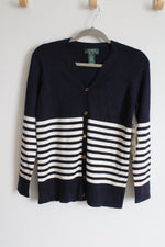 NEW Ralph Lauren Navy Blue Striped Silk Blend Cardigan | Petite