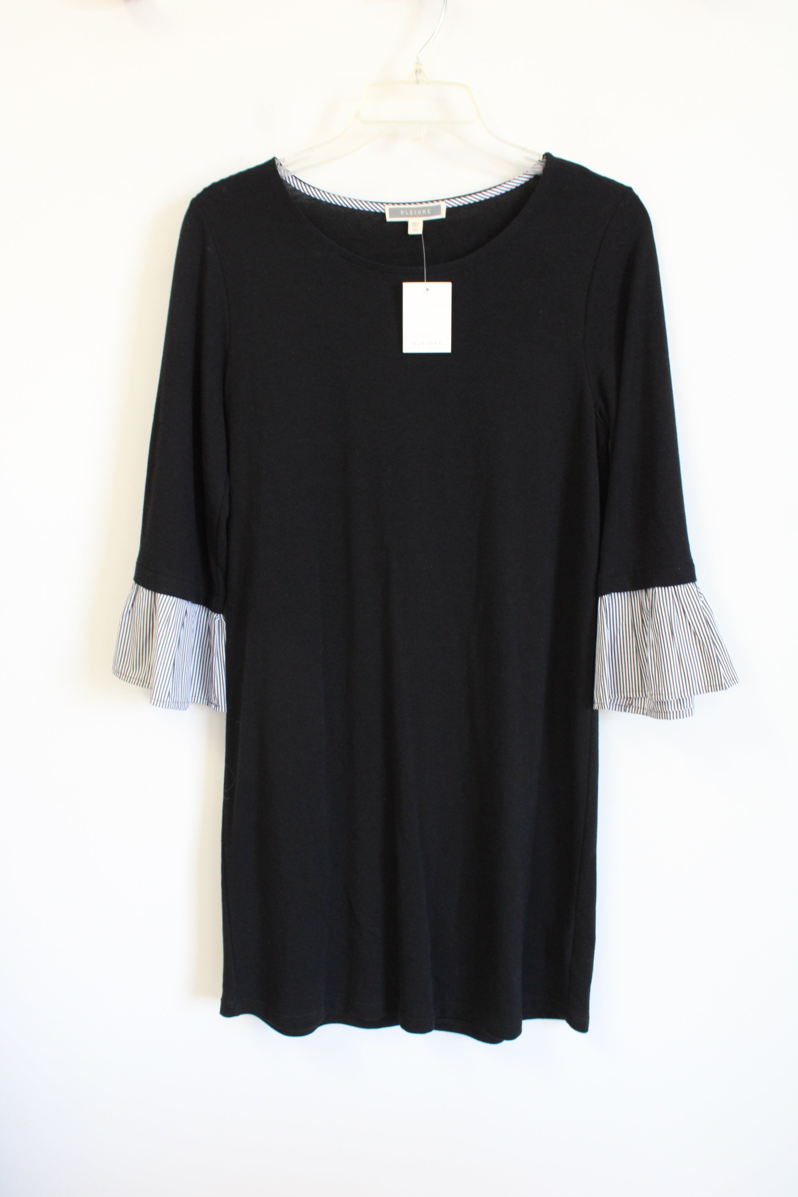 NEW Pleione Black Knit Gray Striped Sleeve Dress | XS