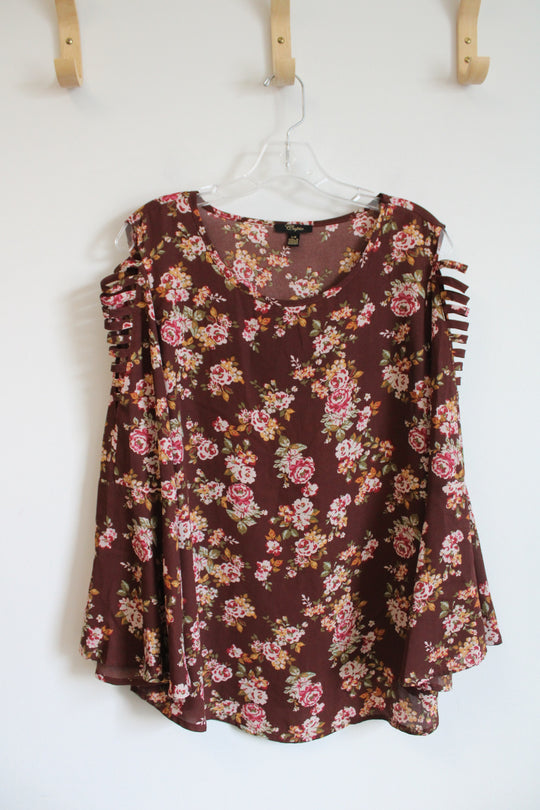Cupio Brown Floral Cold Shoulder Top | L