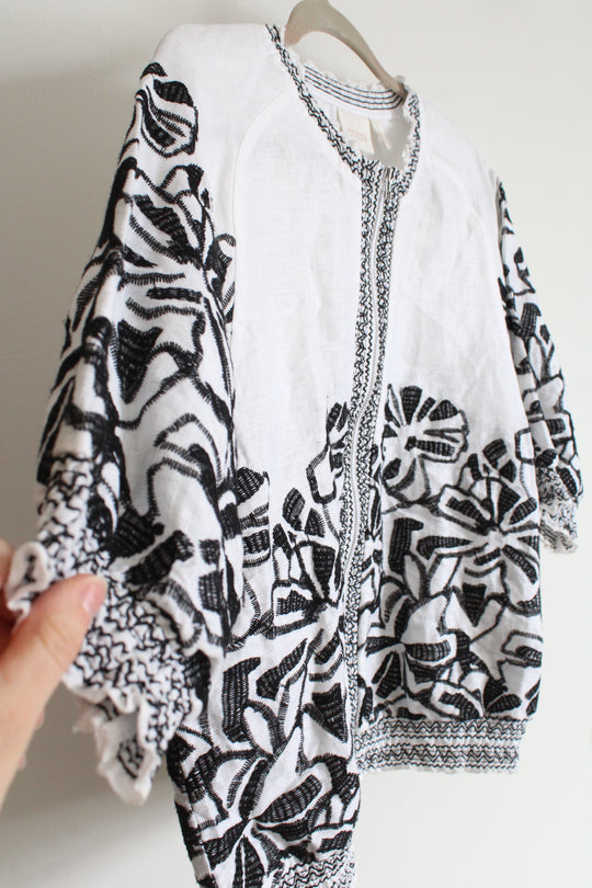 Chico's Black White Linen Embroidered Jacket | Size 1 (MED/8)