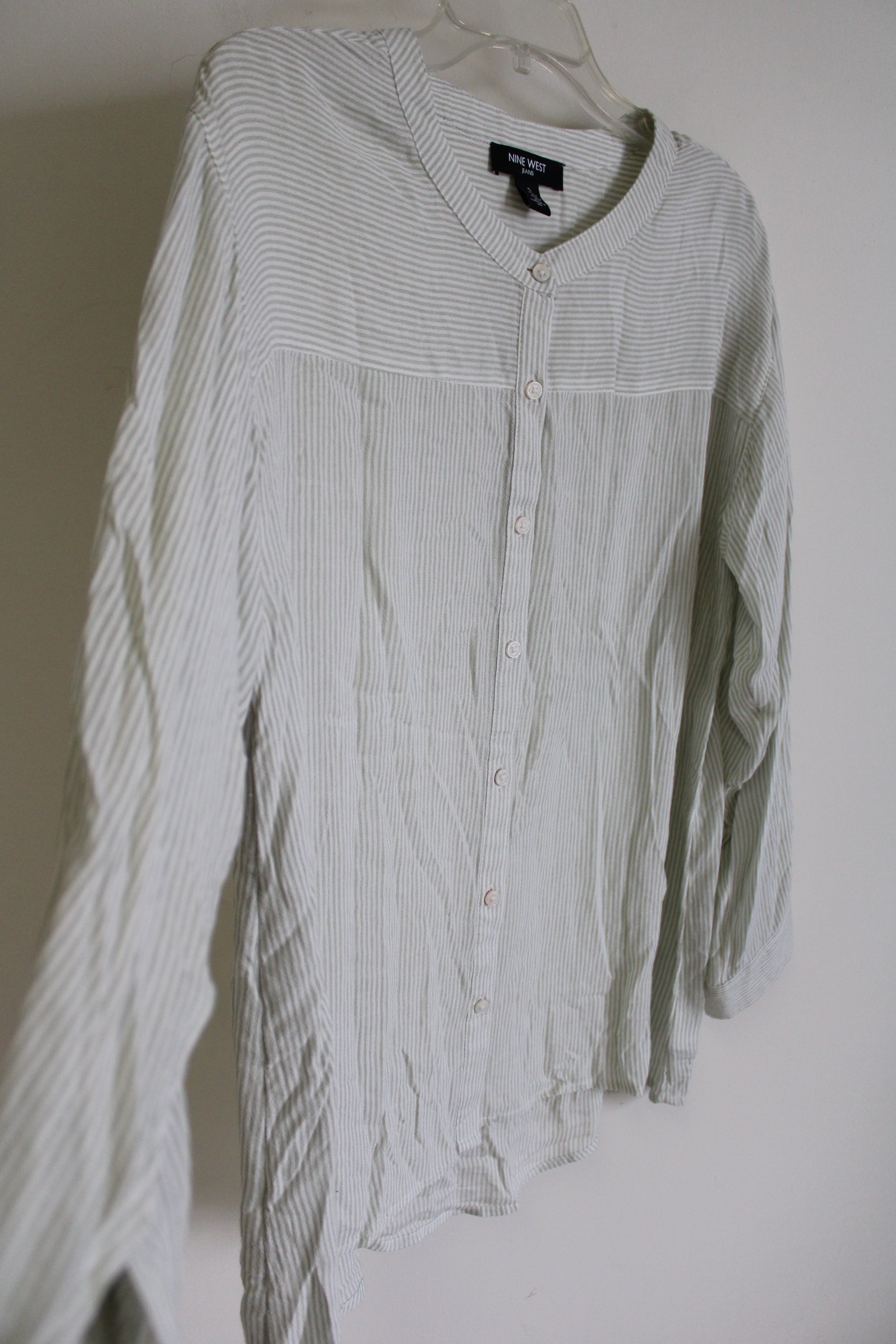 Nine West Green & White Striped Button Down Blouse | S