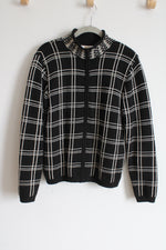 Talbots Vintage Black Knit Windowpane Plaid Zip Up Sweater | M