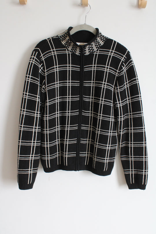 Talbots Vintage Black Knit Windowpane Plaid Zip Up Sweater | M