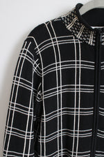 Talbots Vintage Black Knit Windowpane Plaid Zip Up Sweater | M