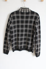 Talbots Vintage Black Knit Windowpane Plaid Zip Up Sweater | M