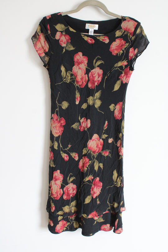 Talbots Vintage Black Silk Rose Print Dress | 8