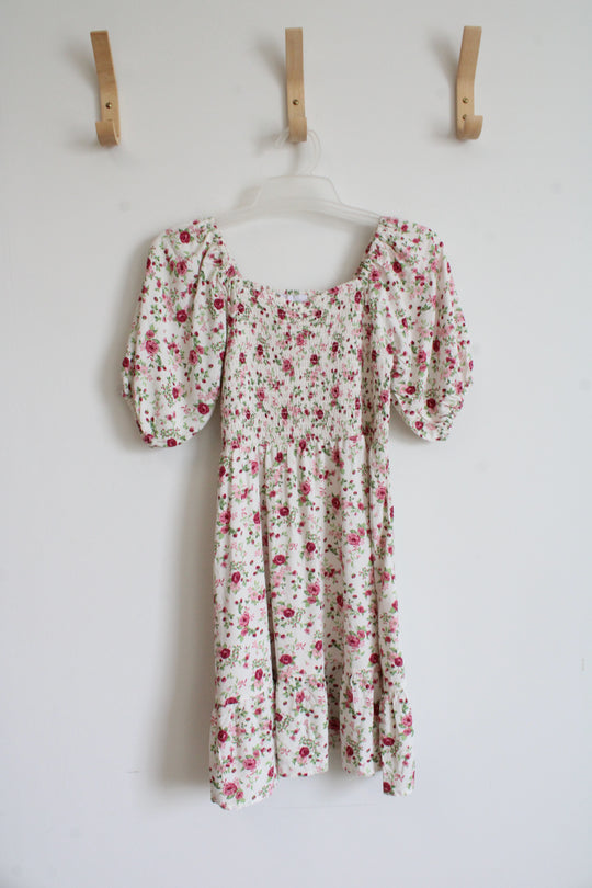 Children's Place White & Pink Floral Ruched Dress | Youth L (10/12)