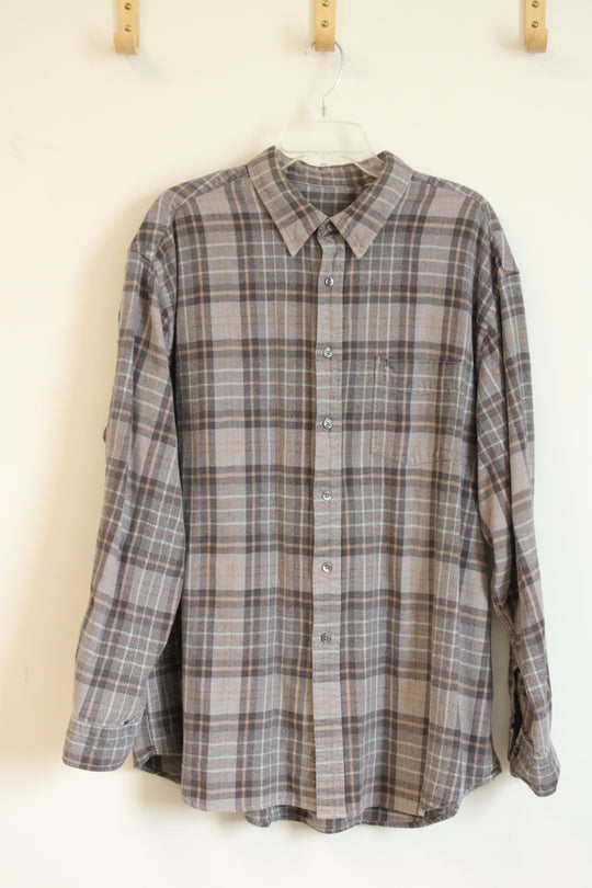 Gray Tan & Teal Plaid Flannel Button Down Shirt | XL