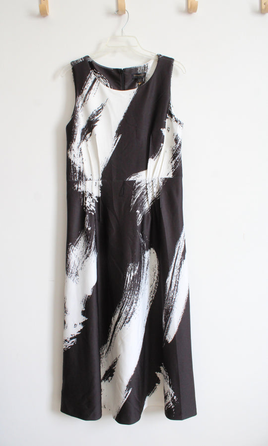 NEW Donna Karan Black & White Brush Stroke A-Line Midi Dress | 10