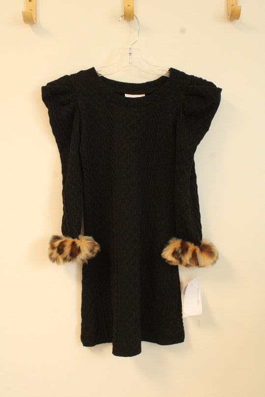 NEW Bonnie Jean Black with Cheetah Fur and Pop Shoulder Sweater Dress | 8
