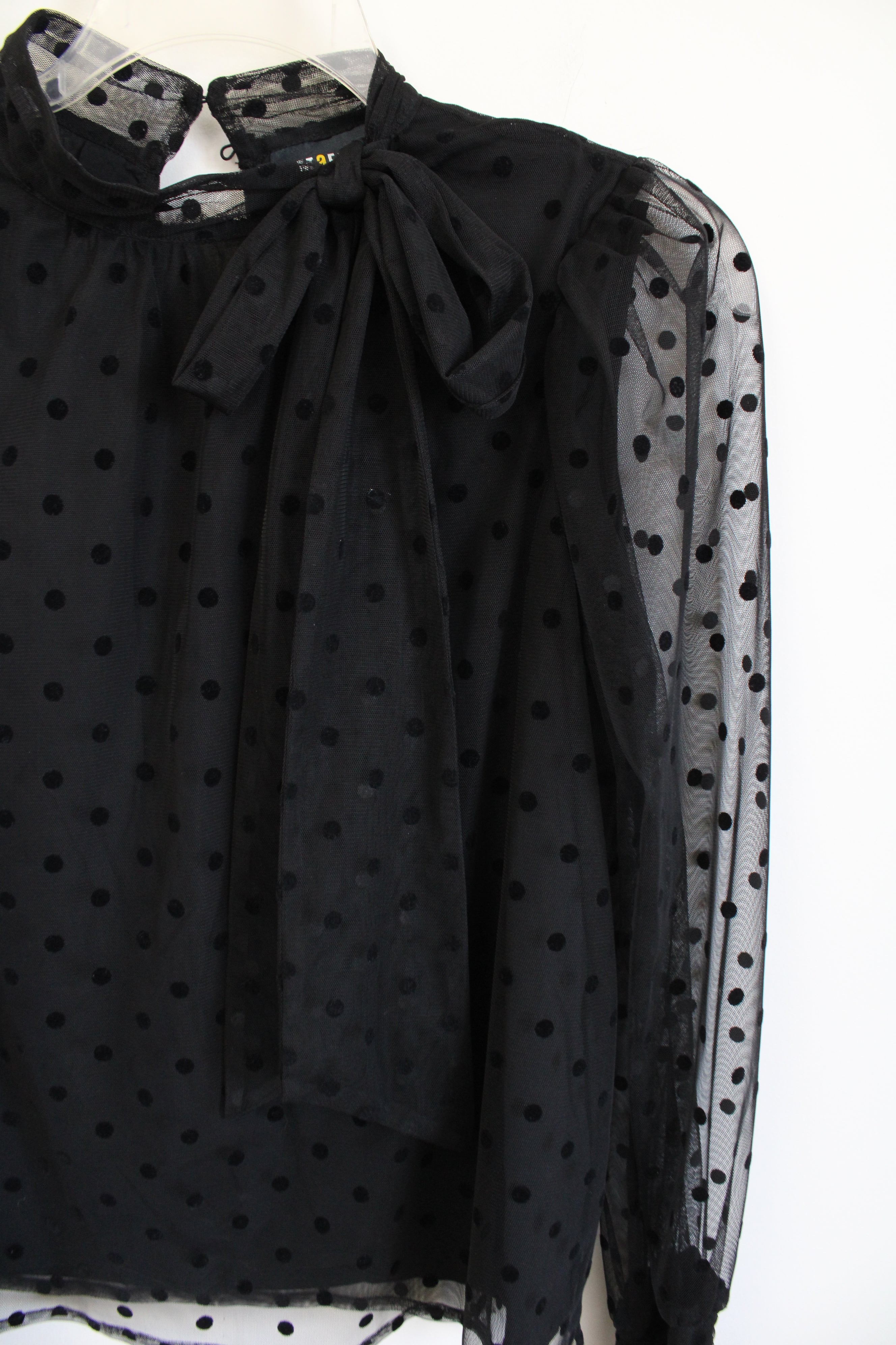 Maeve By Anthropologie Neck-Tie Black Tulle Polka Dot Top | S
