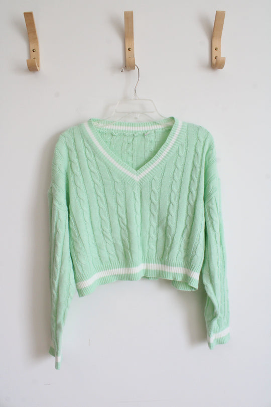 Shein Mint Green & White Cable Knit Cropped Sweater | L