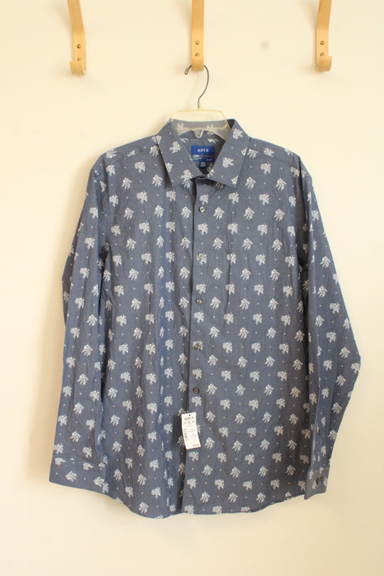 NEW Apartment 9 Slim Fit Blue Chambray with White Flowers Button-down Shirt | 34/35