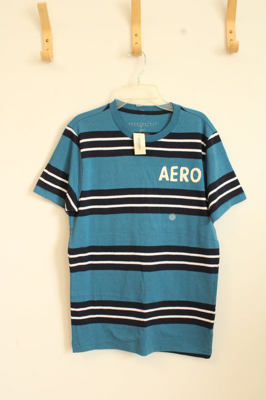 New Aeropostale Blue and Navy Striped Logo T-shirt | S