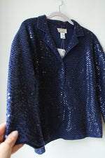 NEW Talbots Handknit Silk Blend Blue Sequined Cardigan | L