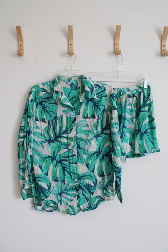 Blue Island Seafoam Green Blue & Cream Tropical Patterned Top & Shorts Set | M