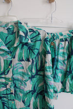 Blue Island Seafoam Green Blue & Cream Tropical Patterned Top & Shorts Set | M