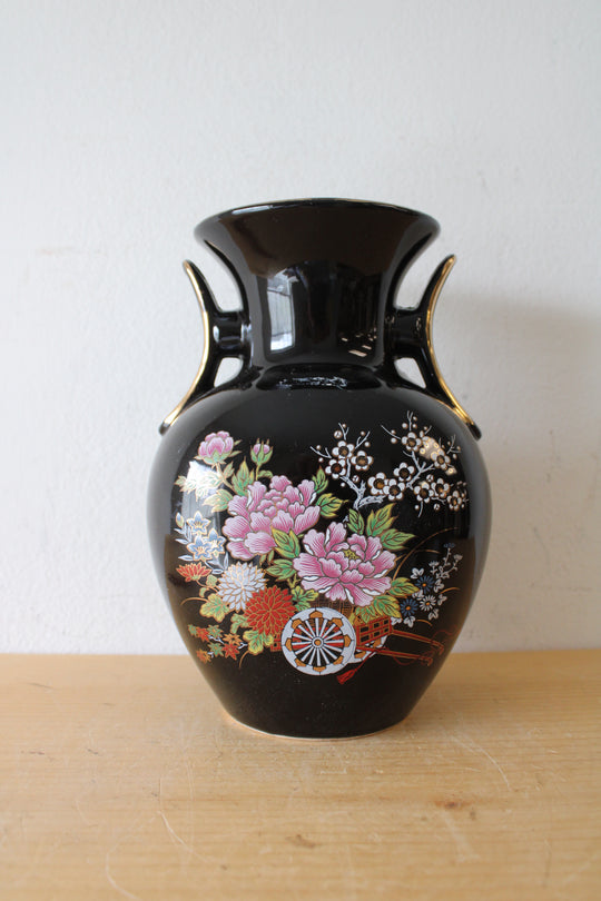 Black Floral Japanese Ceramic Vase | 8.5"