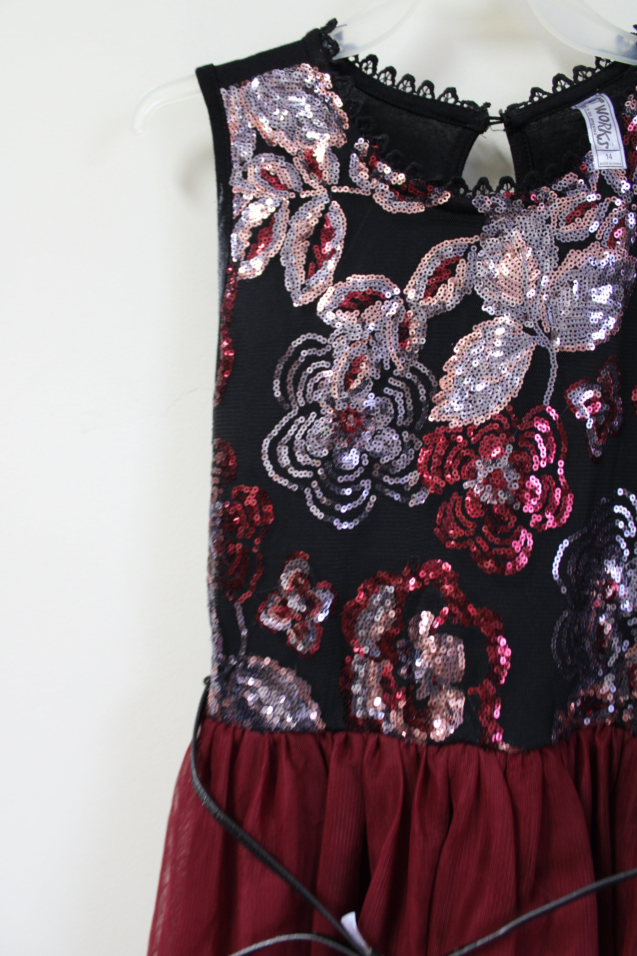 Knit Works Maroon Tulle Sequined Dress | 14