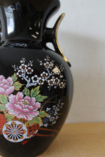 Black Floral Japanese Ceramic Vase | 8.5"