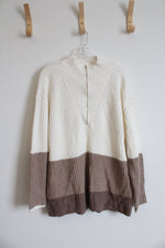 NEW Talbots Cream & Brown 1/4 Zip Tunic Sweater | L