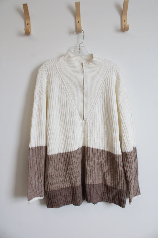NEW Talbots Cream & Brown 1/4 Zip Tunic Sweater | L