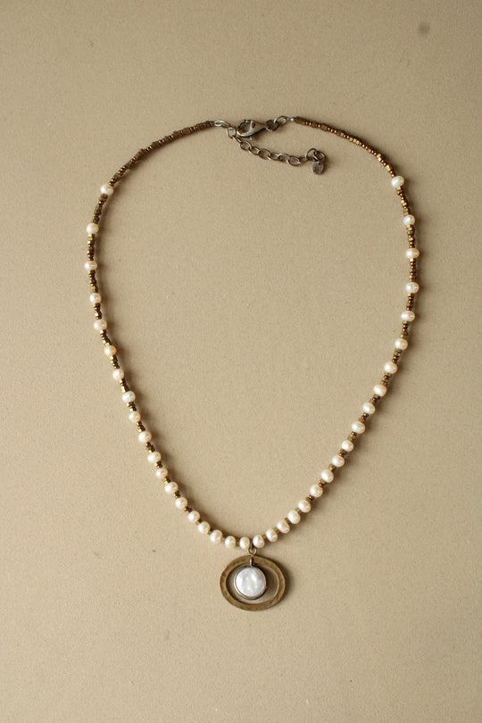 Hammered Brass Freshwater Pearl Necklace