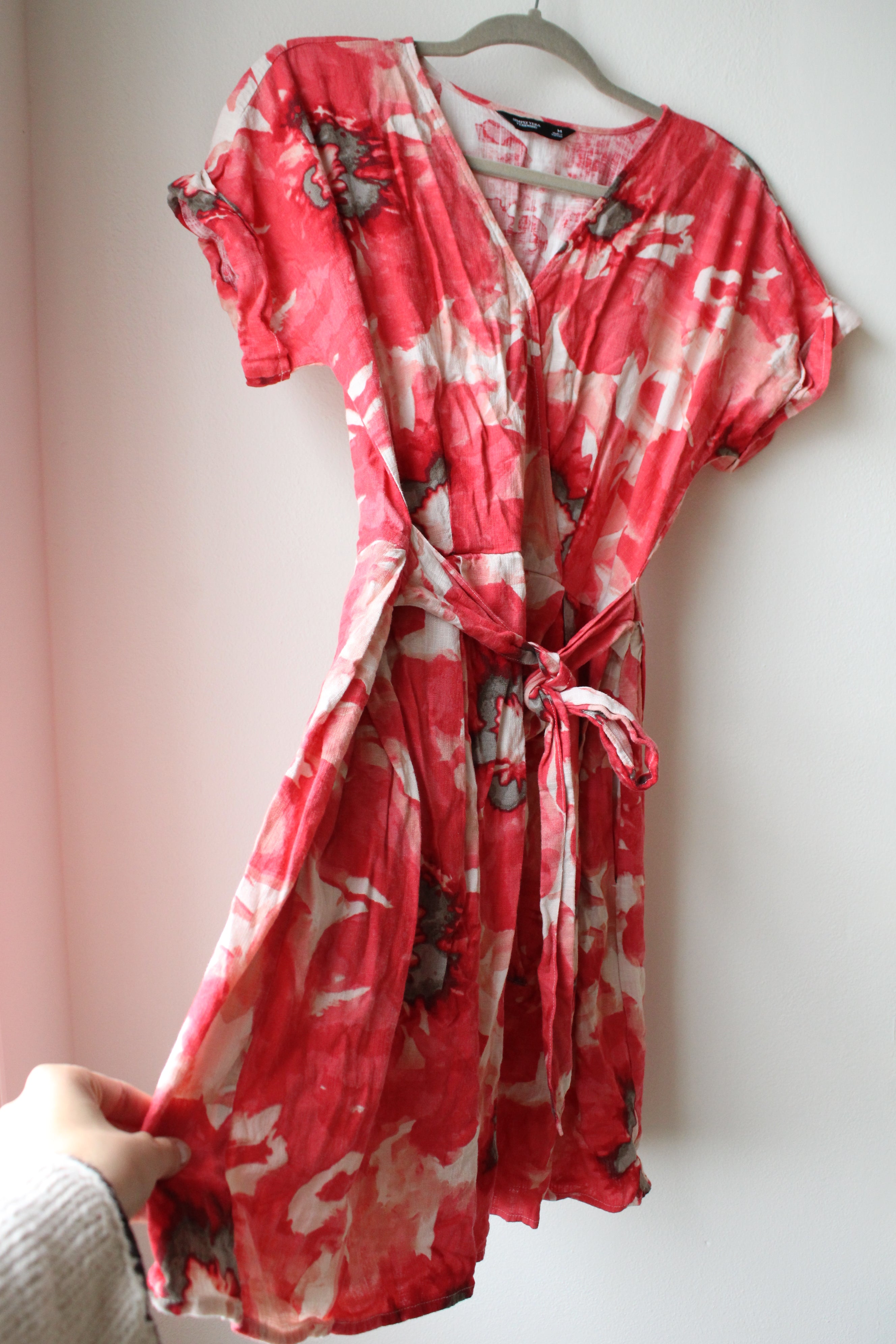 Simply Vera Wang Coral Pink Cream Belted Linen Blend Dress | M Jubilee Thrift Simply Vera Wang Coral Pink Cream Belted Linen Blend Dress | M Jubilee Thrift