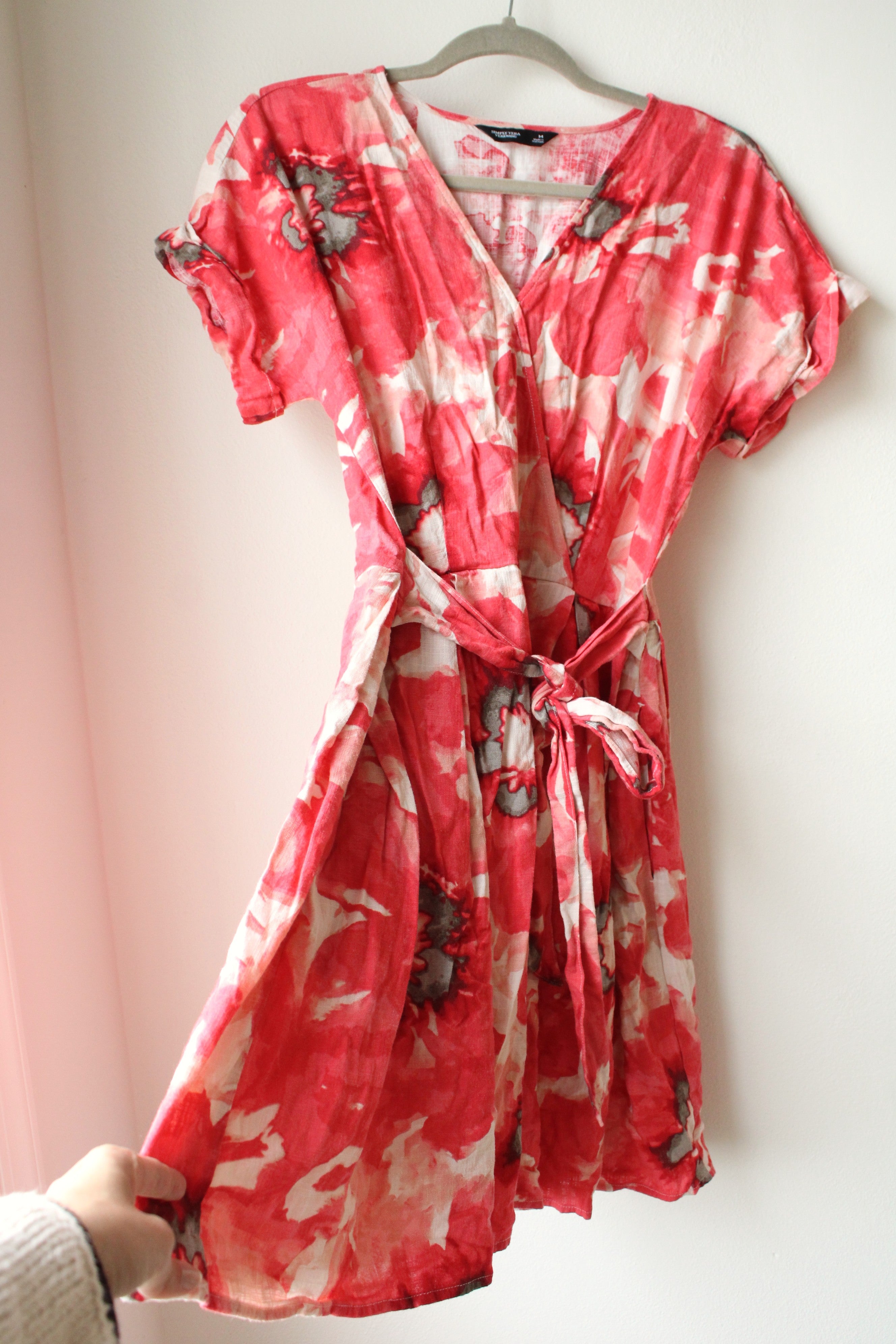 vera wang pink dress Simply Vera Wang Coral Pink Cream Belted Linen Blend Dress