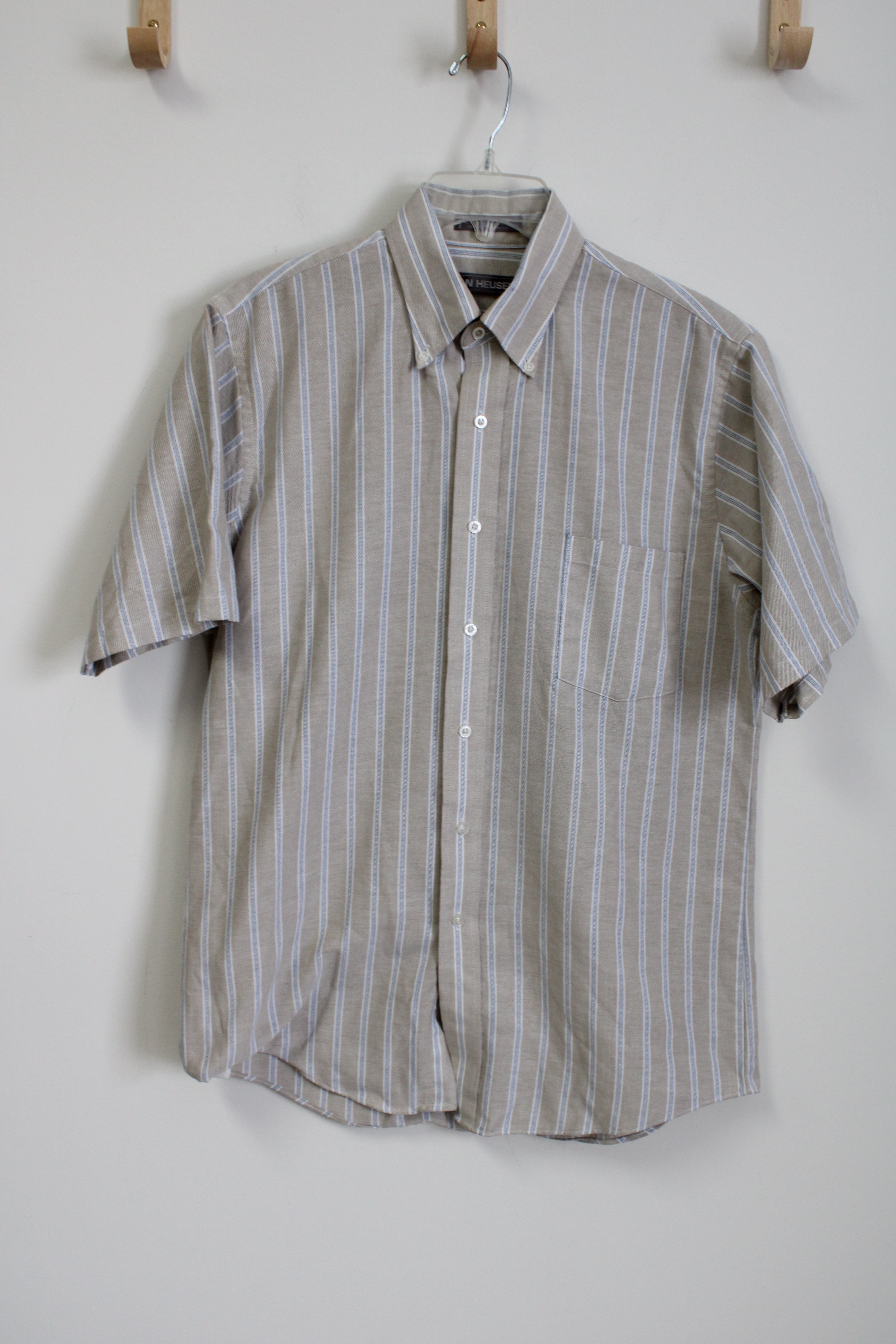 Van Heusen Tan Blue Striped Short Sleeved Button Down Shirt | 15 1/2