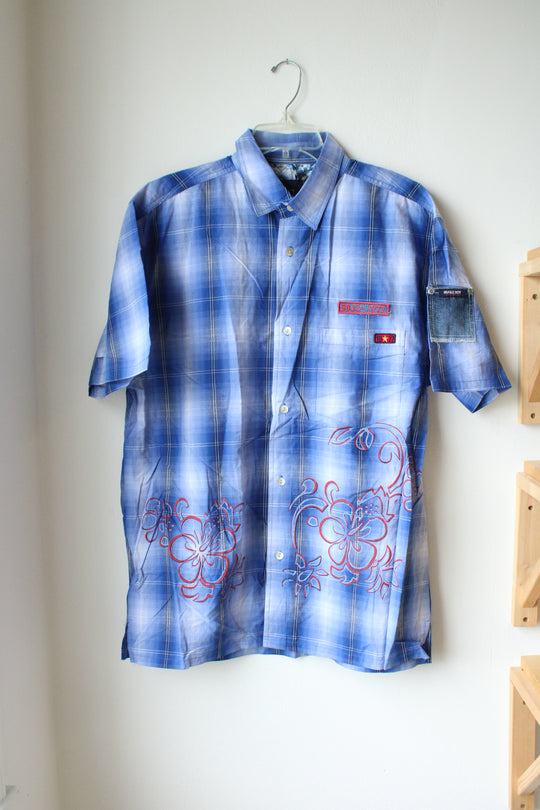 Bugle Boy Jean Company Blue Plaid Button Down Short Sleeved Shirt | M