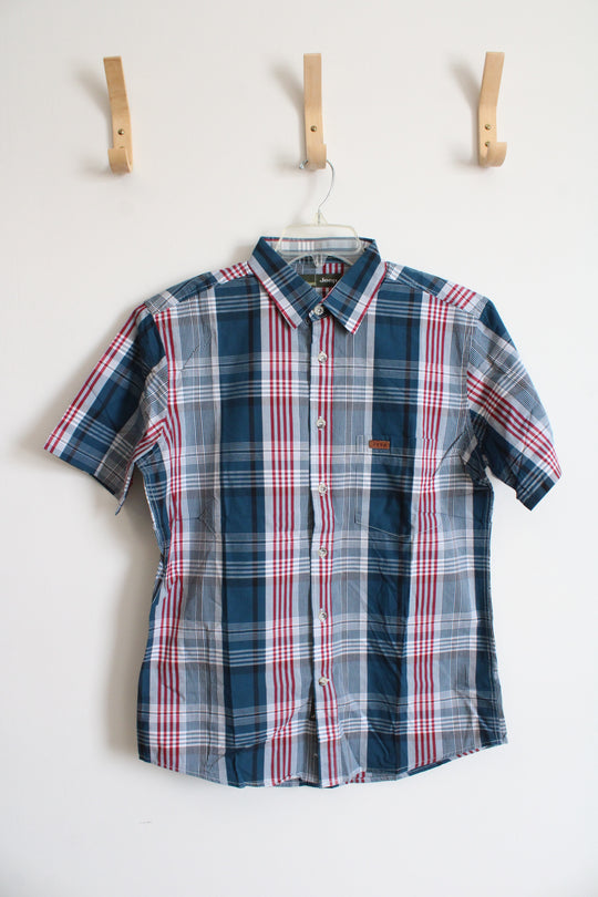Jeep Red Blue White & Gray Plaid Button Down Shirt | L
