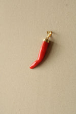 Red Coral Cornicello Italian Horn 18K Yellow Gold Pendant