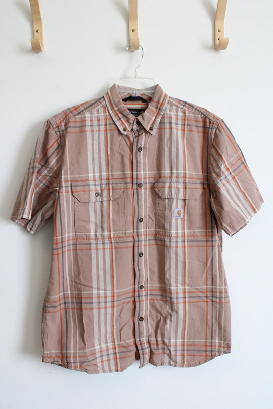 Carhartt Loose Fit Brown Orange & Gray Plaid Button Down Shirt | M