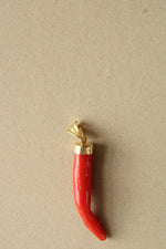 Red Coral Cornicello Italian Horn 18K Yellow Gold Pendant