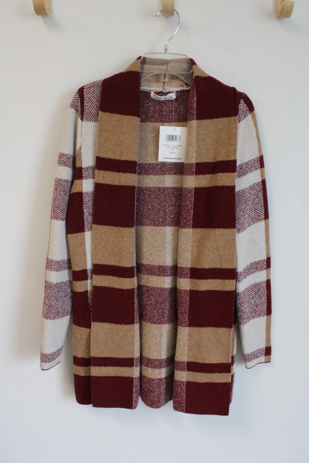 89th & Madison Red Tan Plaid Cardigan | S Petite